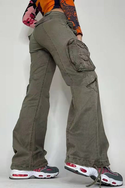 Street Style Low-Waisted Multi-Pocket Denim Cargo Pant