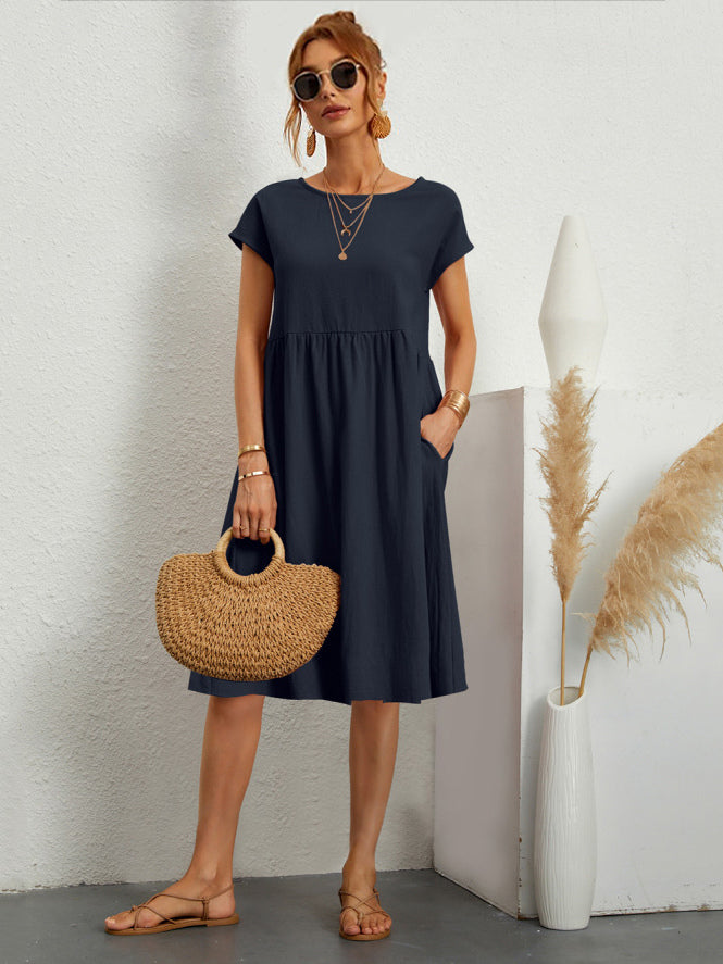 Short Sleeves Midi Shift Dress for Women - Minimalist Solid Color Loose T-shirt Dress with Pockets - Summer Daily Casual 2026