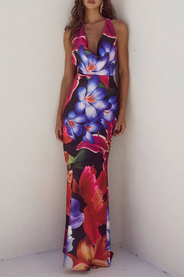 Sexy Open-Back Lace-Up Print Dress