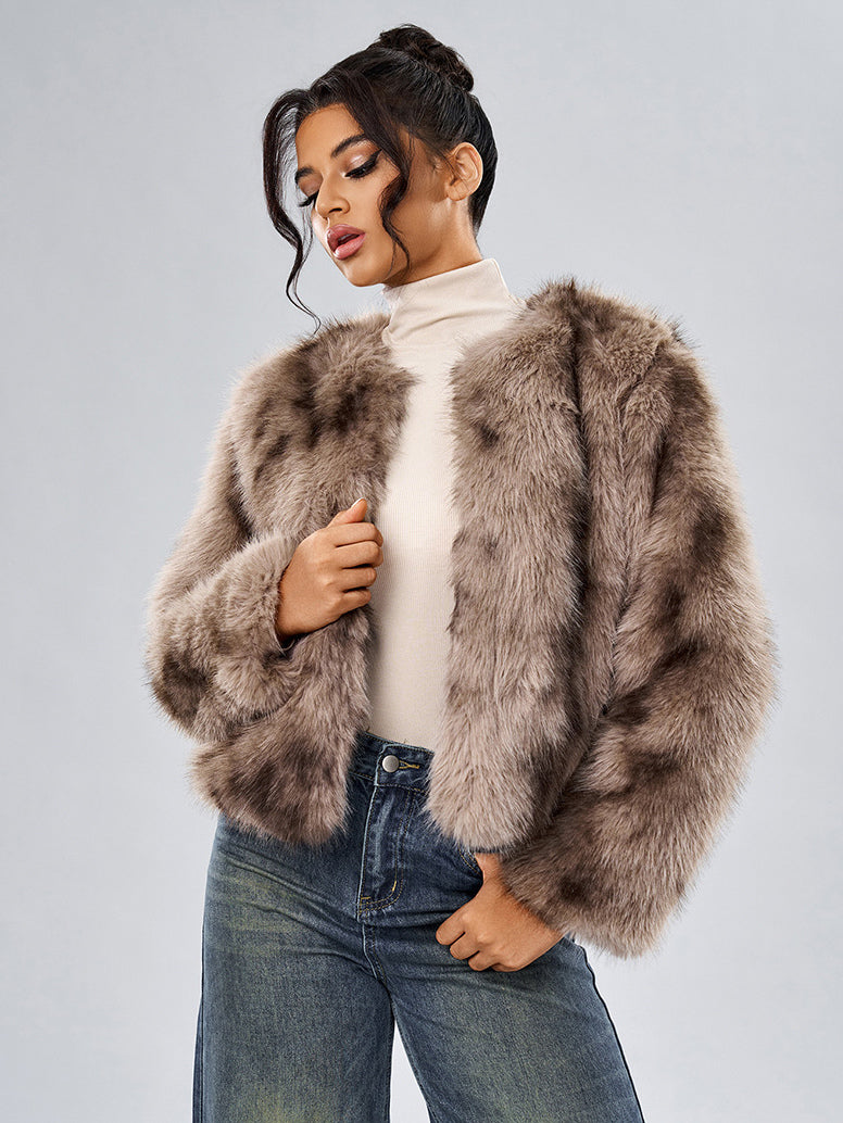 Faux Fur Coats Long Sleeves Casual Faux Fur Jacket Jewel Neck White Women Coat