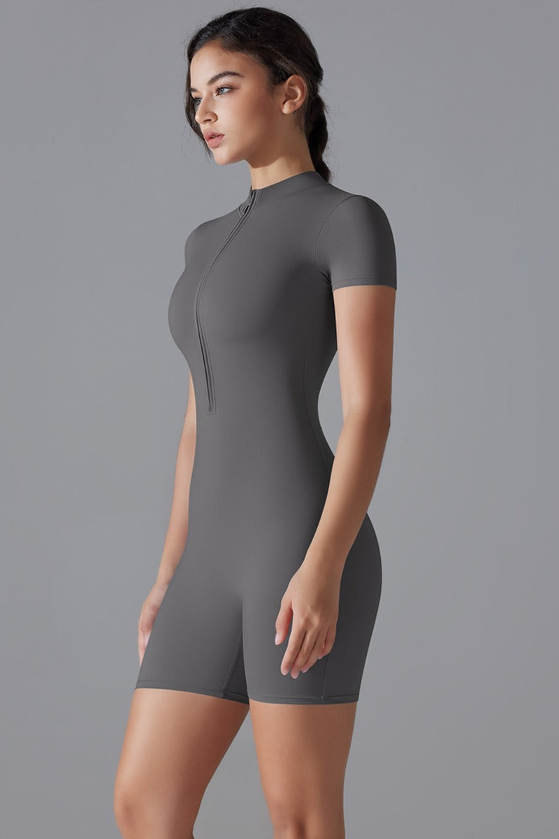 Zipper Short Sleeve Slim Yoga Workout Jumpsuit