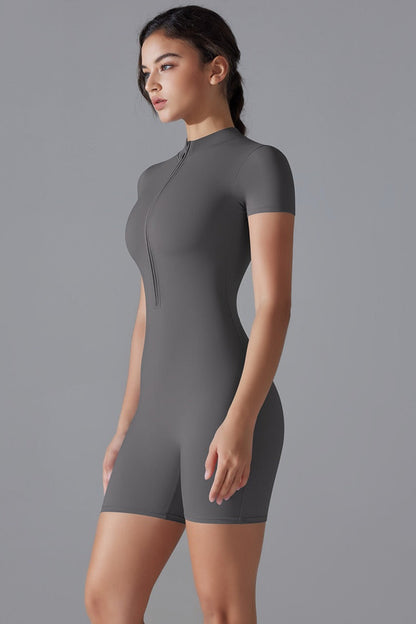 Zipper Short Sleeve Slim Yoga Workout Jumpsuit