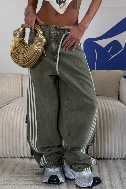 Striped Wide Leg Denim Trousers Pants