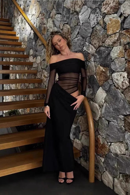 Sexy Off-Shoulder Sheer Bodycon Waist-Exposing Maxi Dress