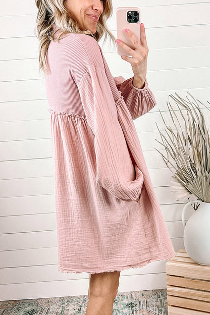 Patchwork Crinkled Puff Sleeve Raw Hem Dress