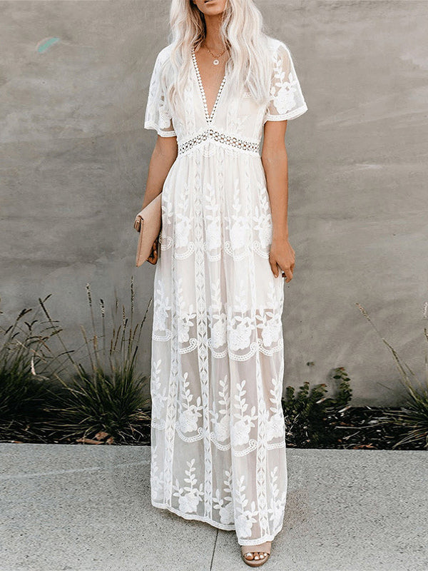 White Lace Boho Maxi Dress for Women - V Neck Short Sleeve Sheer Long Dress - Summer Beach Bridal Resort Wear 2026
