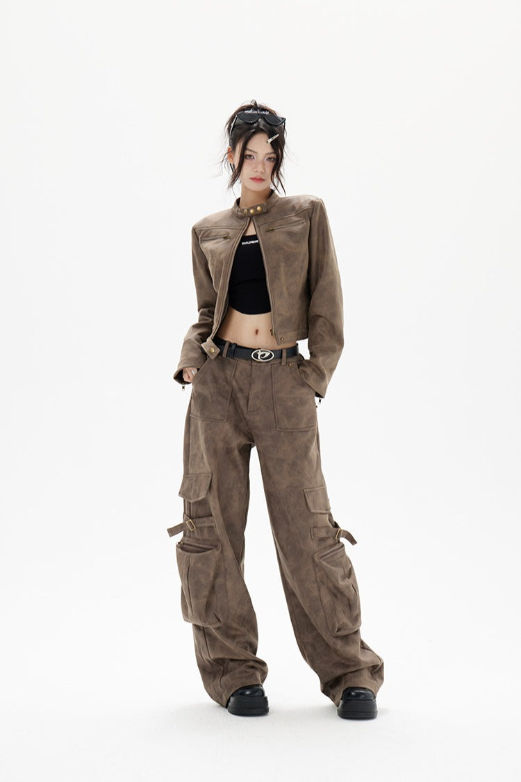 Cropped Biker Style Leather Jacket