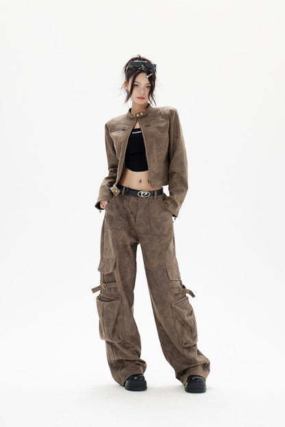 Cropped Biker Style Leather Jacket