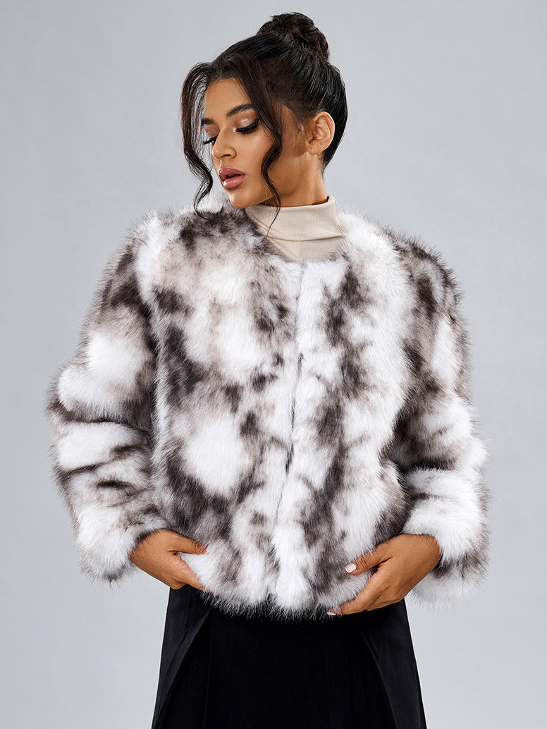 Faux Fur Coats Long Sleeves Casual Faux Fur Jacket Jewel Neck White Women Coat