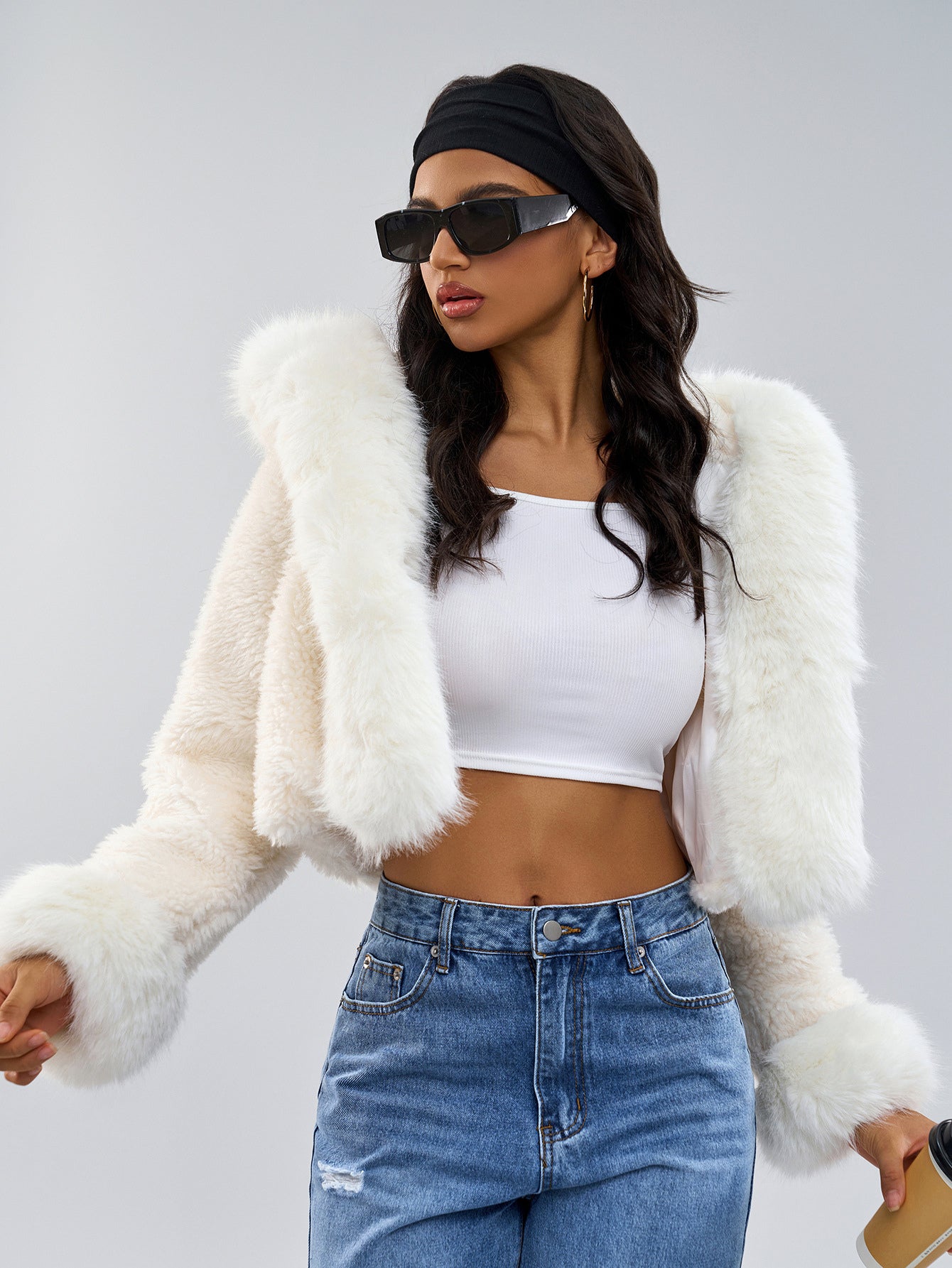 Hooded Faux Fur Coat In White Eco-friendly Winter Cropped Jacket For Women 2026