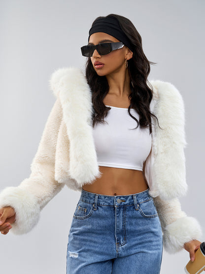 Hooded Faux Fur Coat In White Eco-friendly Winter Cropped Jacket For Women 2026