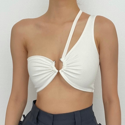 Hollow out o ring one shoulder backless ruched ribbed crop cut out top