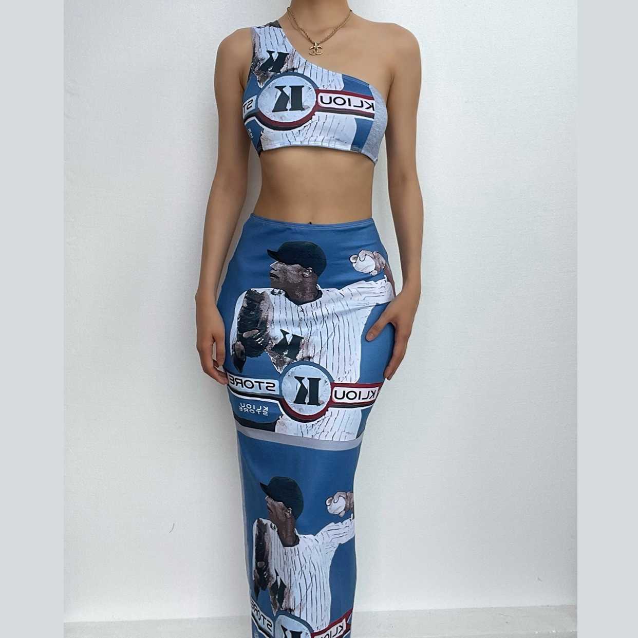 One shoulder irregular sleeveless contrast print slit maxi skirt set-final-sale