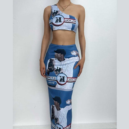 One shoulder irregular sleeveless contrast print slit maxi skirt set-final-sale