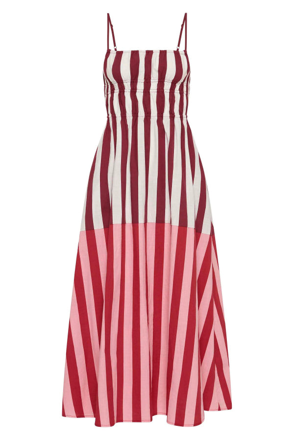 Striped Print Camisole Pleated Holiday Midi Dress