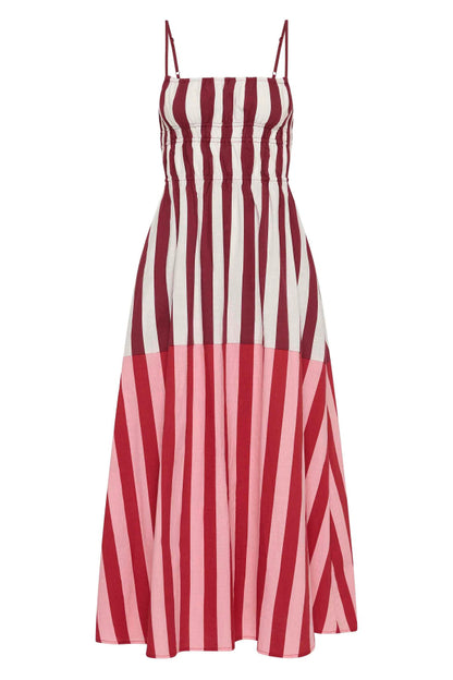 Striped Print Camisole Pleated Holiday Midi Dress