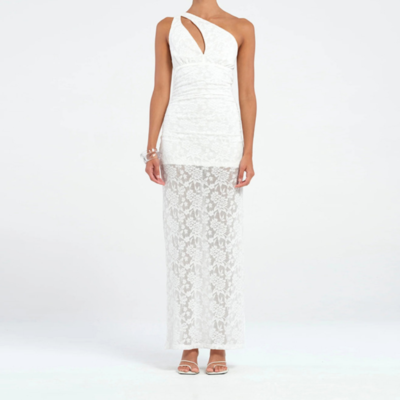 Irregular one shoulder hollow out slit cut out maxi dress