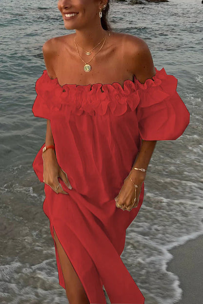 Linen Blend Off Shoulder Ruffle Puff Sleeve Pocketed Midi Dress