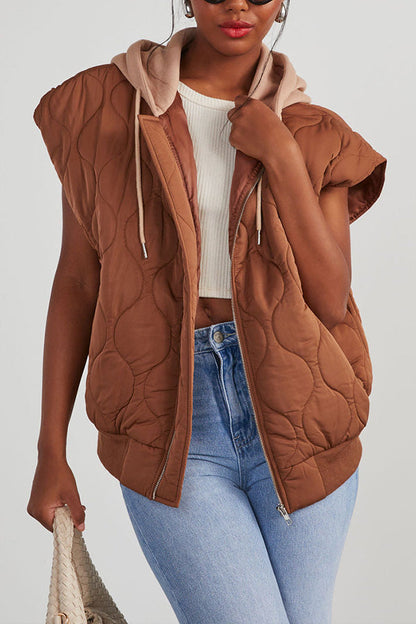 Fall and Forever Zipper Pocket Hooded Quilted Cotton Vest