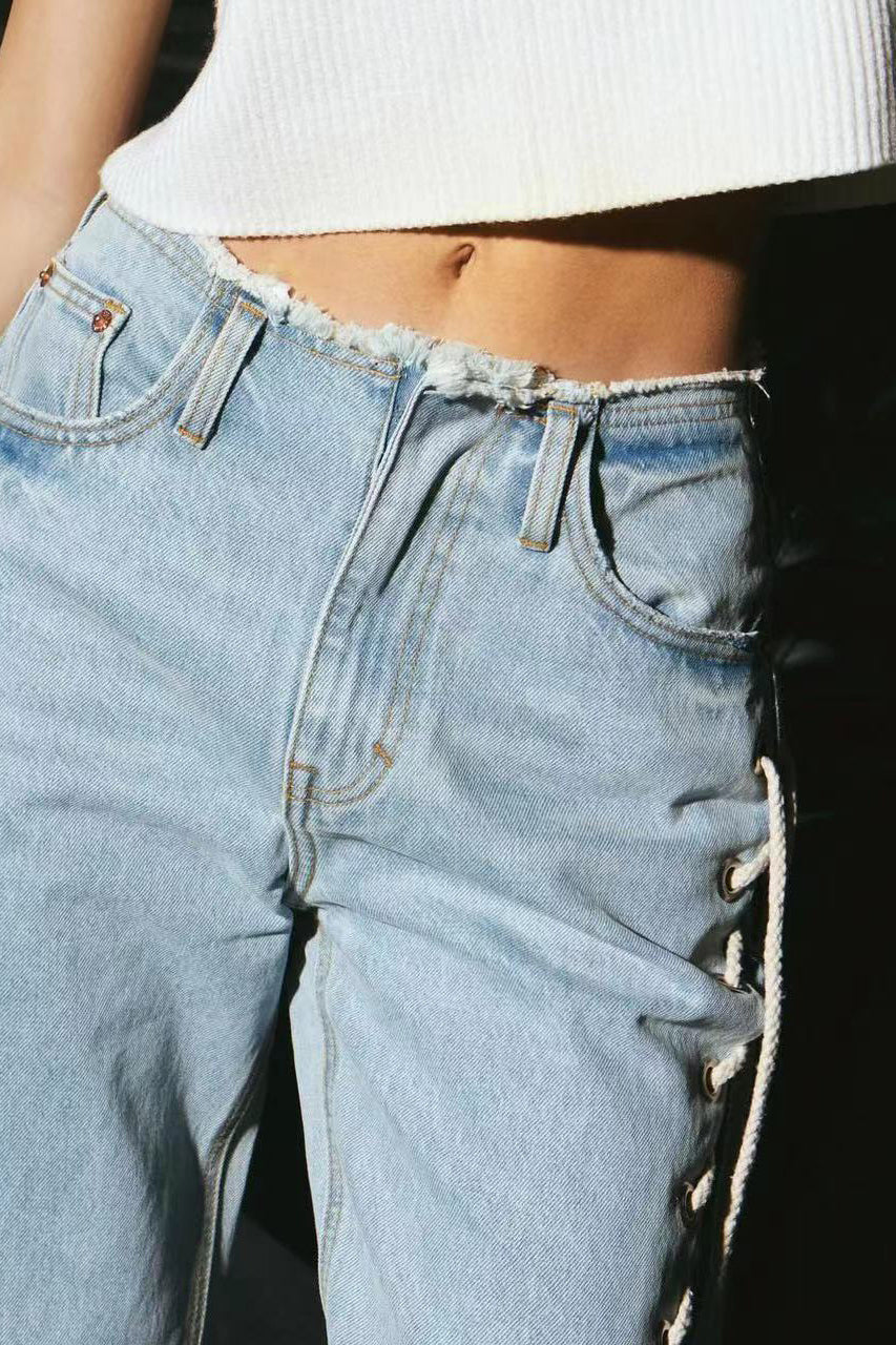 Eyelet Lace-Up Cutout Straight Jean