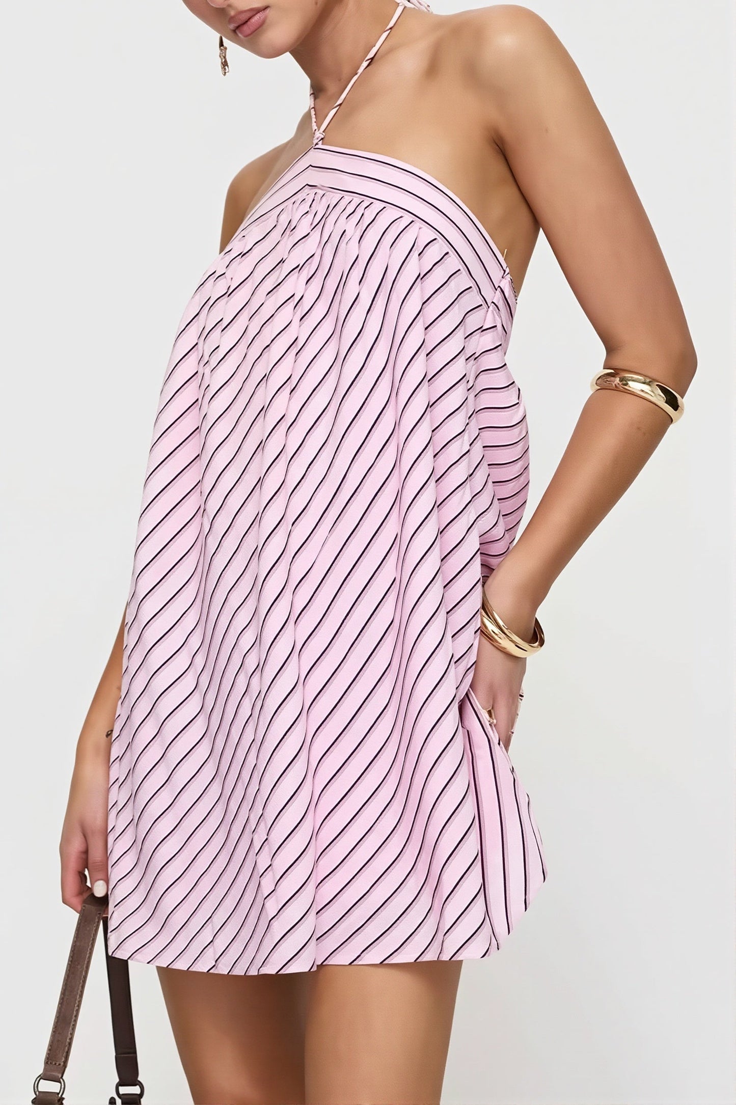 Diagonal Stripe Halter Gathered Babydoll Mini Dress