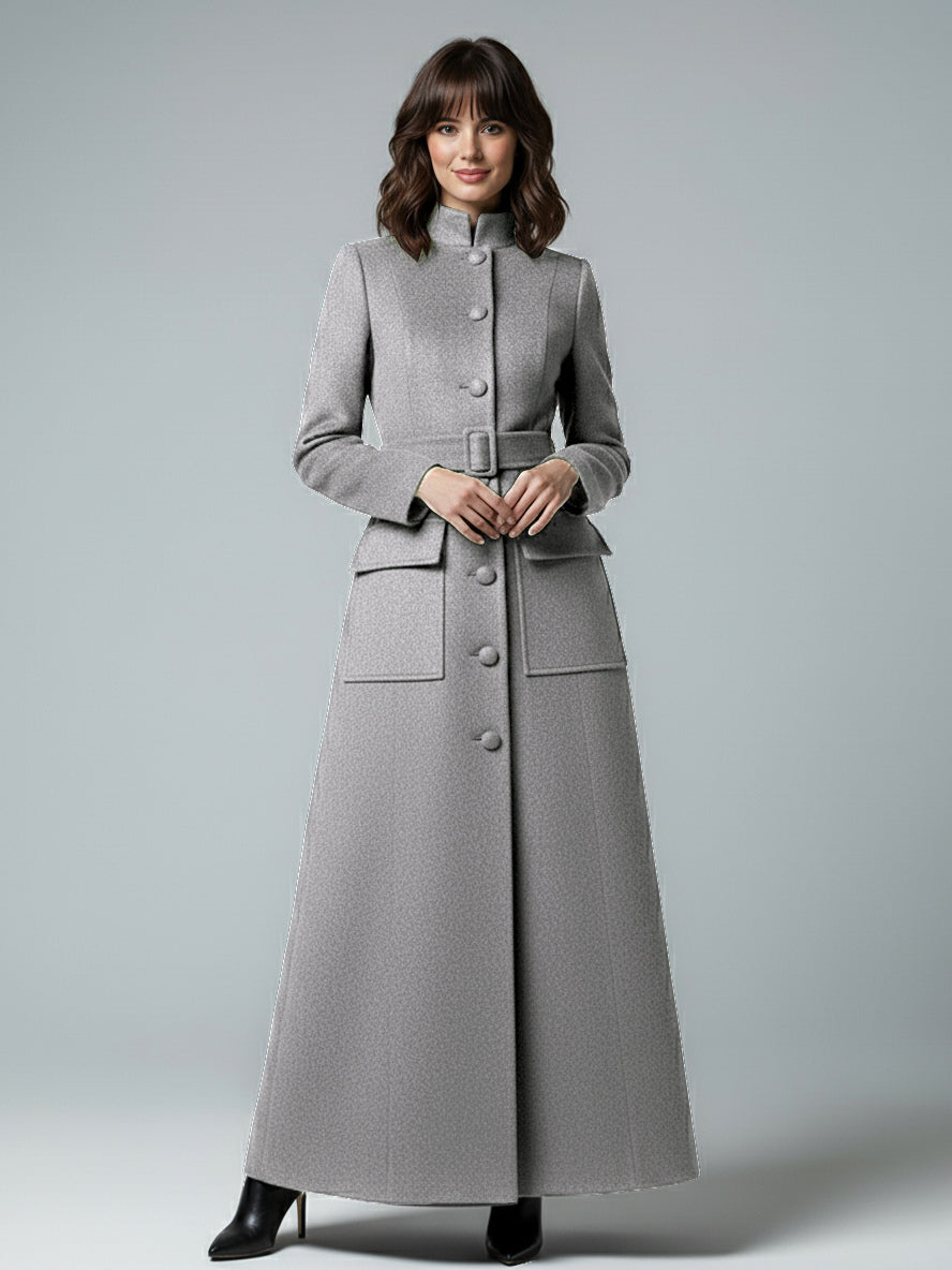 Woolen Full-Length Maxi Coat With Stand Collar And Flap Pockets For Women 2026
