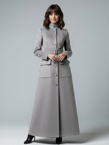 Woolen Full-Length Maxi Coat With Stand Collar And Flap Pockets For Women 2026