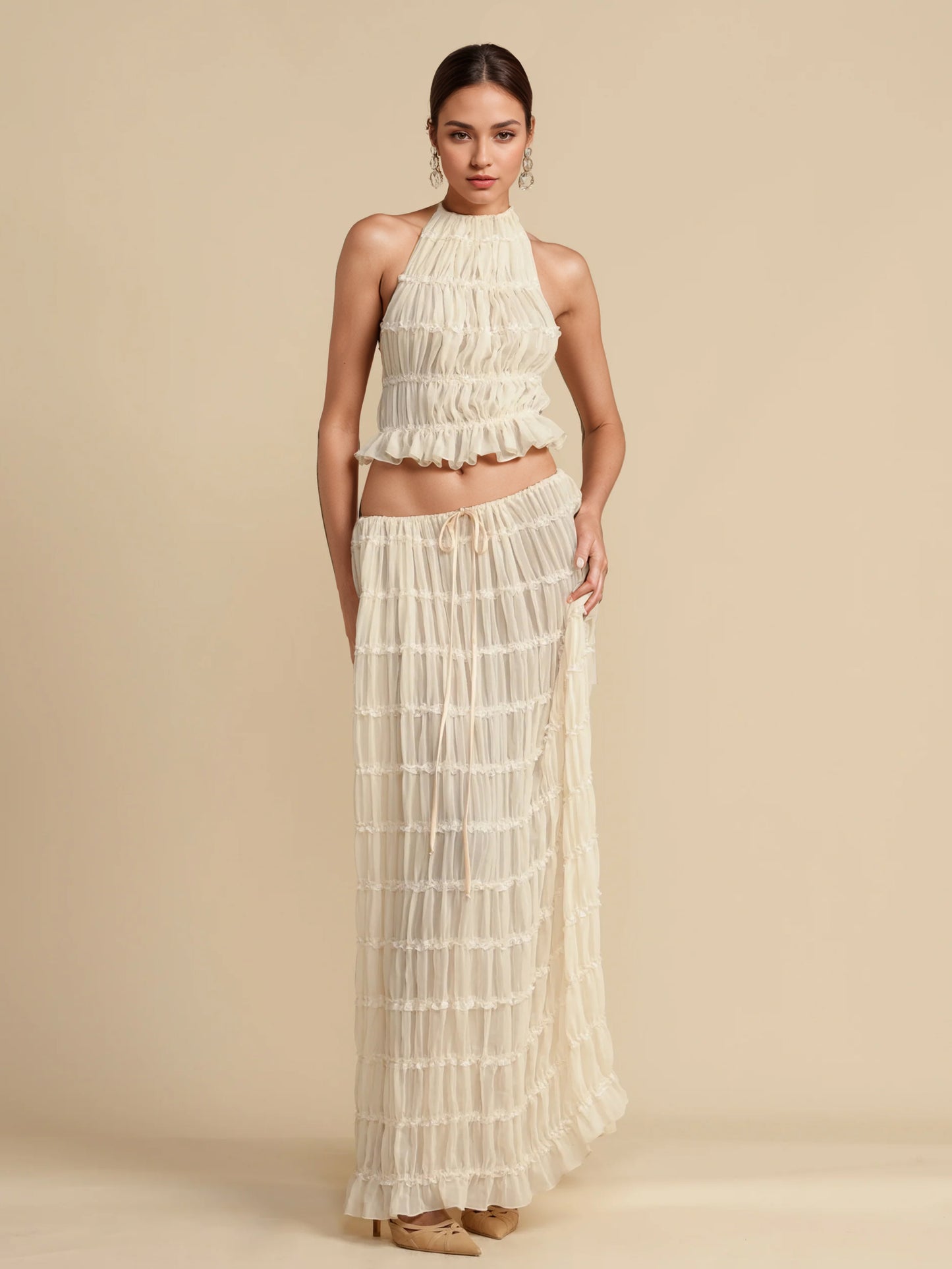 Textured Halter Neck Crop Top And Long Skirt 2 Piece Co-ord Set For Beach 2026