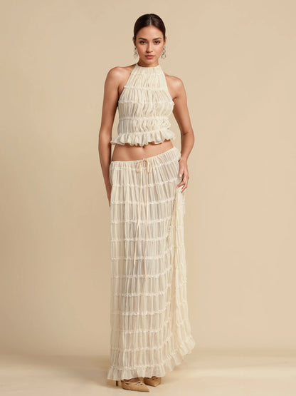 Textured Halter Neck Crop Top And Long Skirt 2 Piece Co-ord Set For Beach 2026