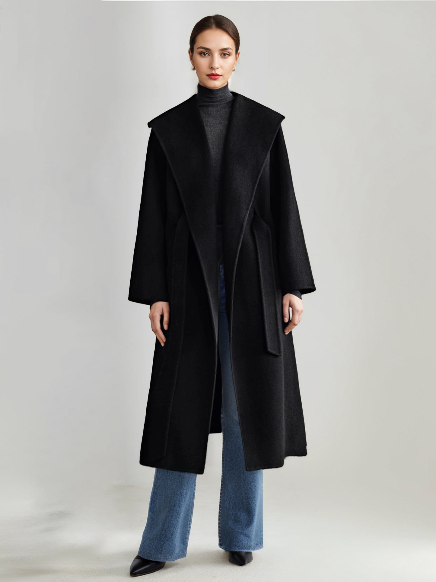 Wool Cashmere Blend Coat White Wide Lapel Double-Faced Belted Winter Outerwear For Women 2026