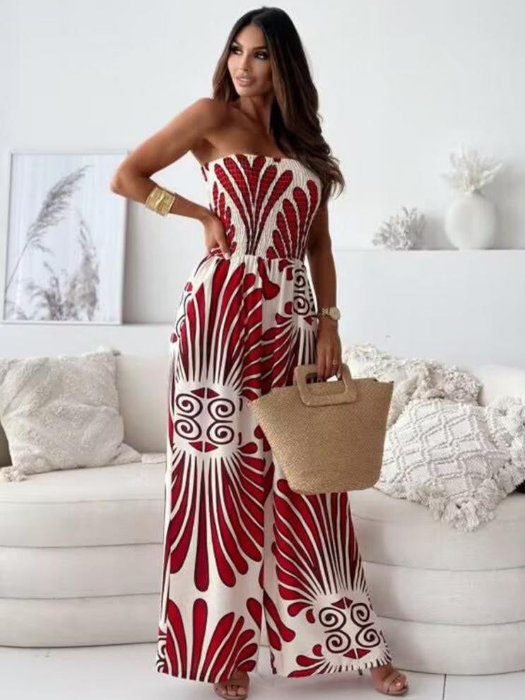 Dark Navy Printed Strapless Sleeveless Polyester Straight Summer One Piece Outfit