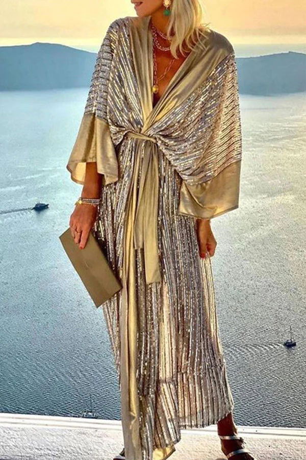 Sequin Kimono Sleeve Wrap Tie Waist Floor Length Maxi Gown
