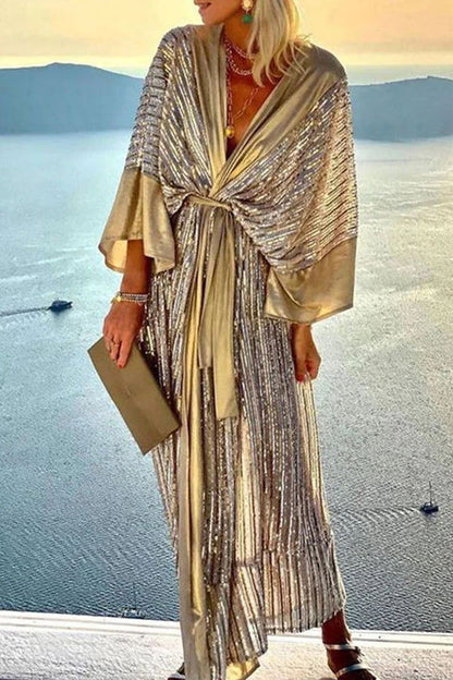Sequin Kimono Sleeve Wrap Tie Waist Floor Length Maxi Gown
