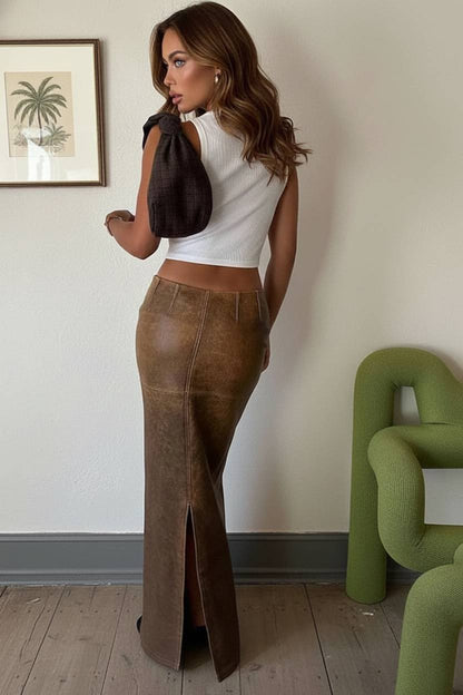 PU Leather Slim Fit Split Midi Skirt