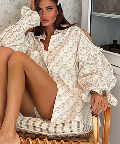 Beige Print Lapel Mid Shorts Office Two Piece Set