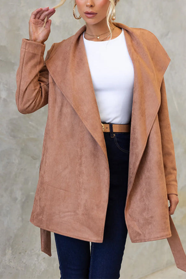 Collared Open Front Faux Suede Coat with Belt