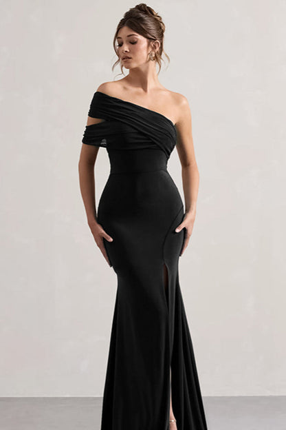 Mesh Panel Off-Shoulder Split Bodycon Party Dress