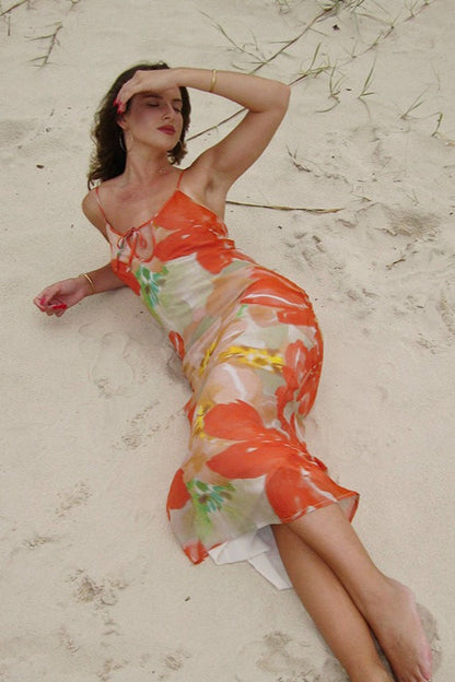 Floral Tie Back Cutout Cami Mermaid Maxi Dress