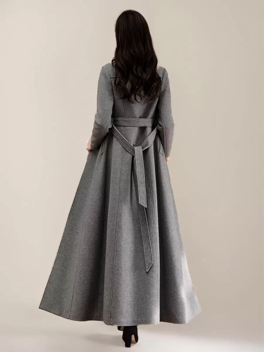 Gray Wool Blend Coat For Woman Lapel Belted Double-breasted Chic Full Length Wrap Outerwear 2026