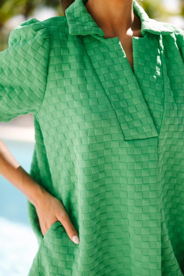 Bright Green Textured Checkered Puff Sleeve Pocket Shirt Dress