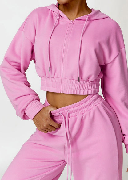 Pink Cropped Hoodie Set - Zippered Long Sleeve Lounge Wear