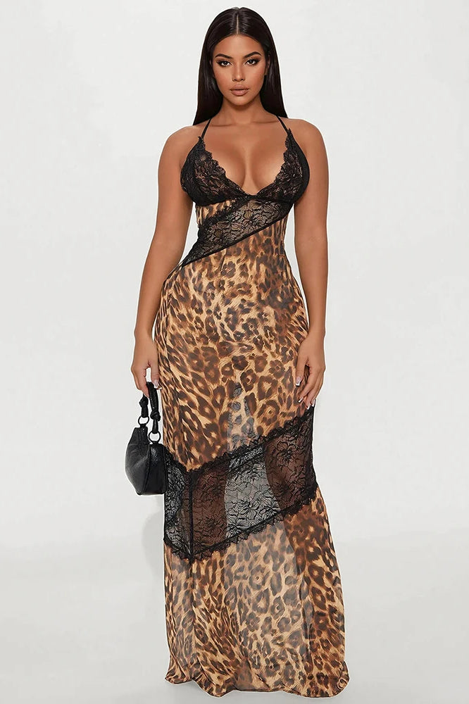 Print Lace Bodice Diagonal Lace Panel V Neck Bodycon Midi Dress
