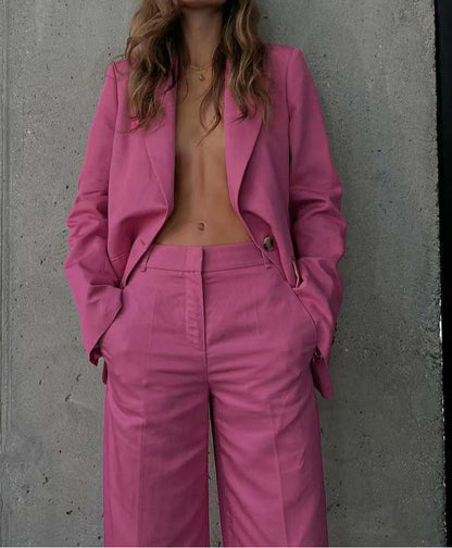 Blue Cotton Single Button Wide Pants Office Two Piece Set