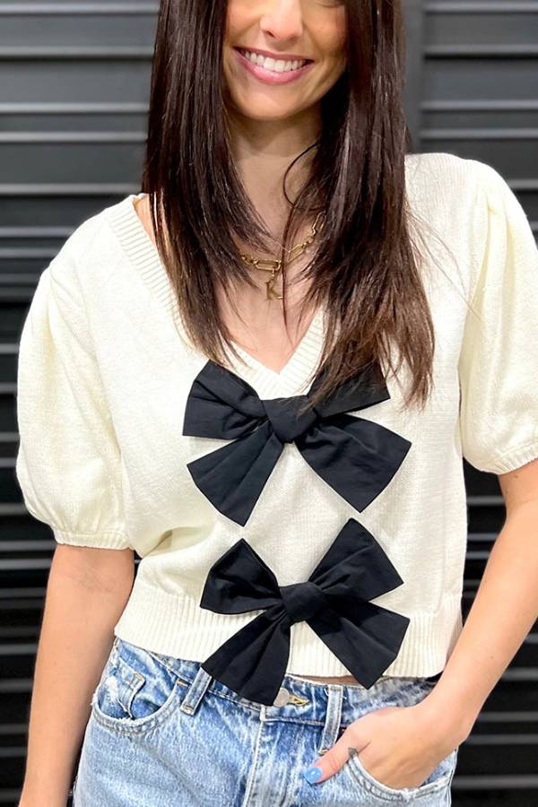 V-Neck Short-Sleeved Double Bow Solid Color Sweater