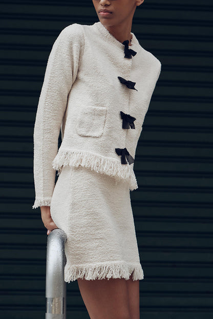 Fashion Round Neck Long Sleeve Bow-decorated Pocket Knitted Jacket