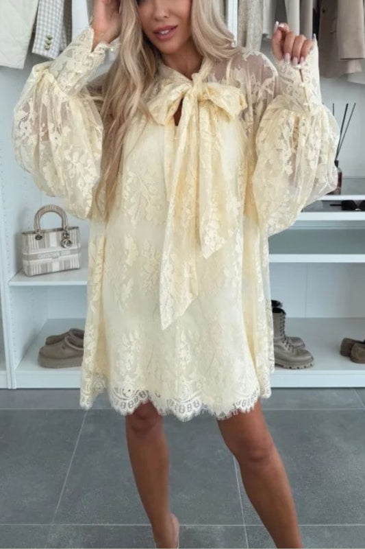 Night Rose Lace Bow Neck Long Balloon Sleeve A-line Mini Dress