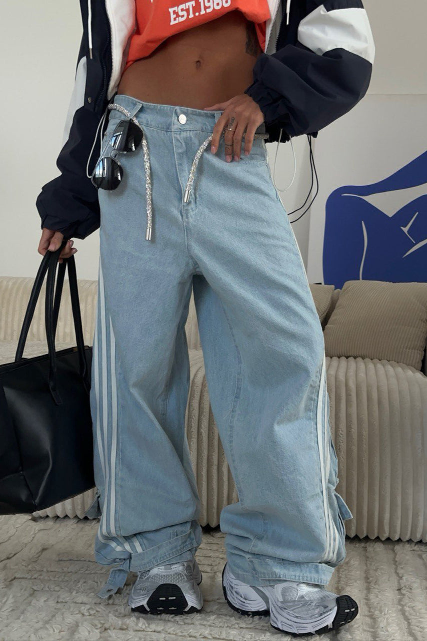 Striped Wide Leg Denim Trousers Pants