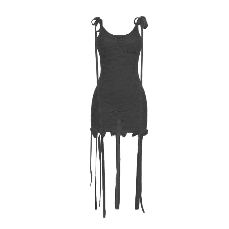 Sleeveless u neck lace bowknot knotted ribbon see through mini dress