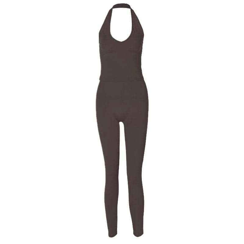 Halter u neck solid backless pant set