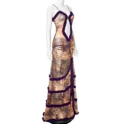 Ruffle spaghetti strap sheer mesh irregular slit maxi dress-final-sale